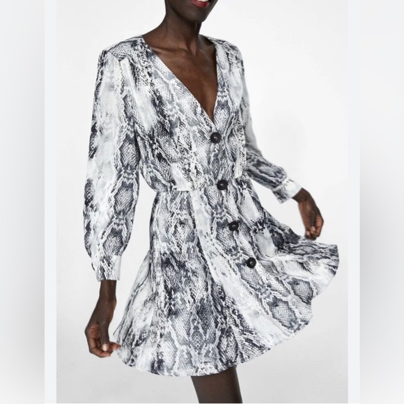Zara Black Grey White Python Snake Print Button Down Long Sleeve Dress - Picture 3 of 10